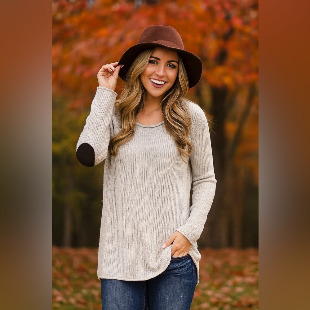 Skies are blue Stitch Fix grey elbow patch cozy knit cotton blend sweater